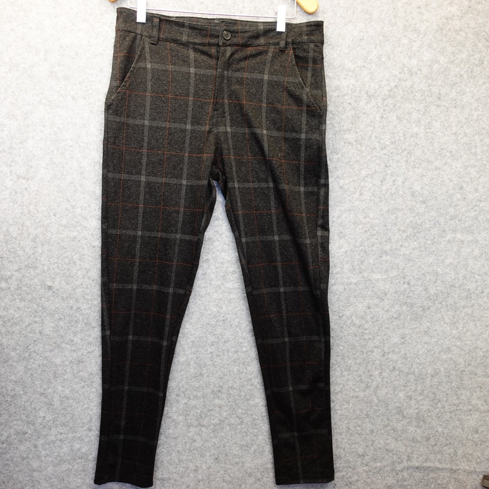 Windowpane Plaid Skinny Pants Women M 10 32 Black Gray Stretch Performance 33x31